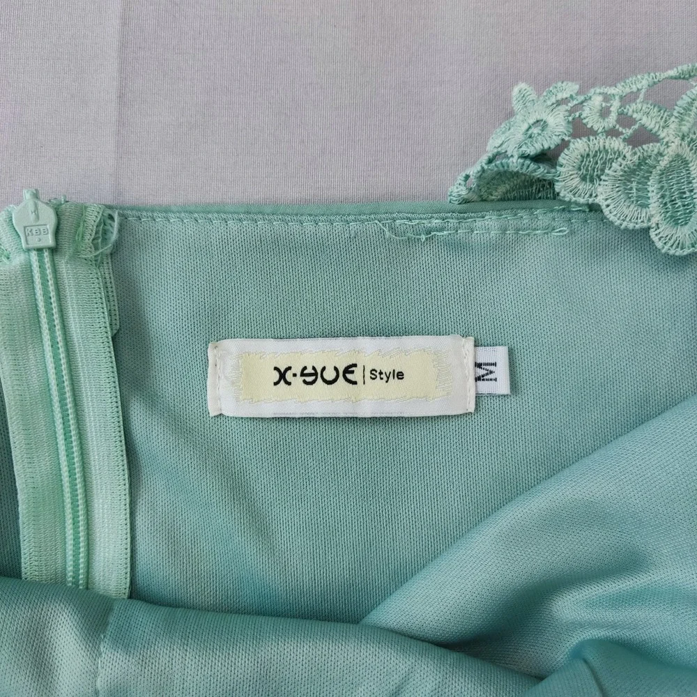 X-YUE Dress Women Medium Mint Green Lace Trim Sleeveless Fit Flare Cocktail Mini